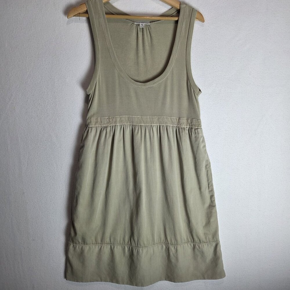 James Perse Cotton Babydoll Dress Scoop Neck Olive Green Pockets Boho Fit Flair